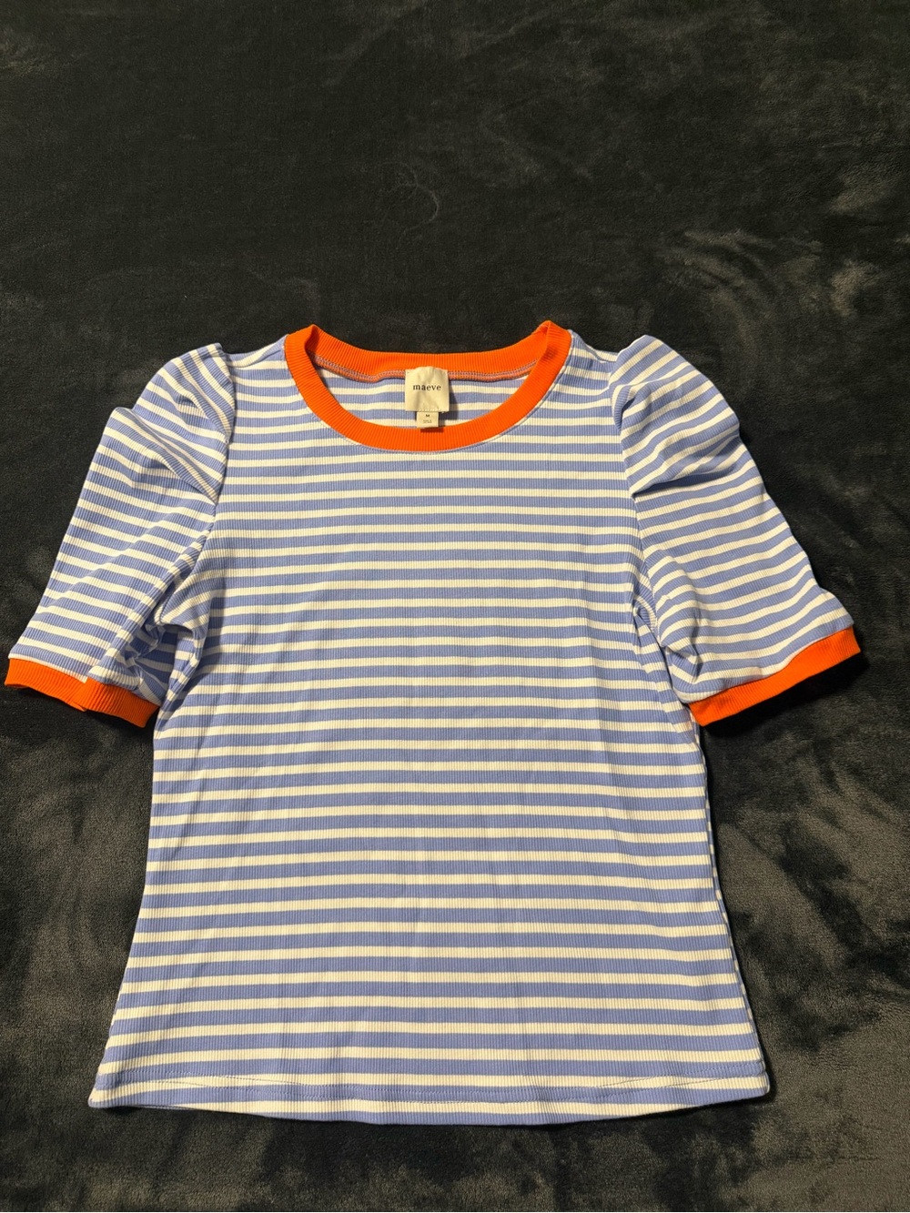 Anthropologie Blue & White Striped Puff-Sleeve Tee with Orange Trim - Picture 2 of 2